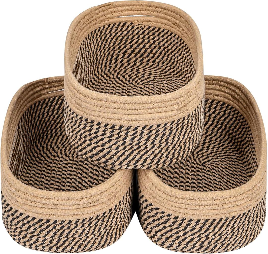 CubesLand Small Baskets, Storage Baskets for Organizing Shelves, Rectangular Woven Storage Baskets Natural Cotton Rope Toy Storage Bins Closet Baby Baskets Empty Gifts Baskets Camel/Mixed Black