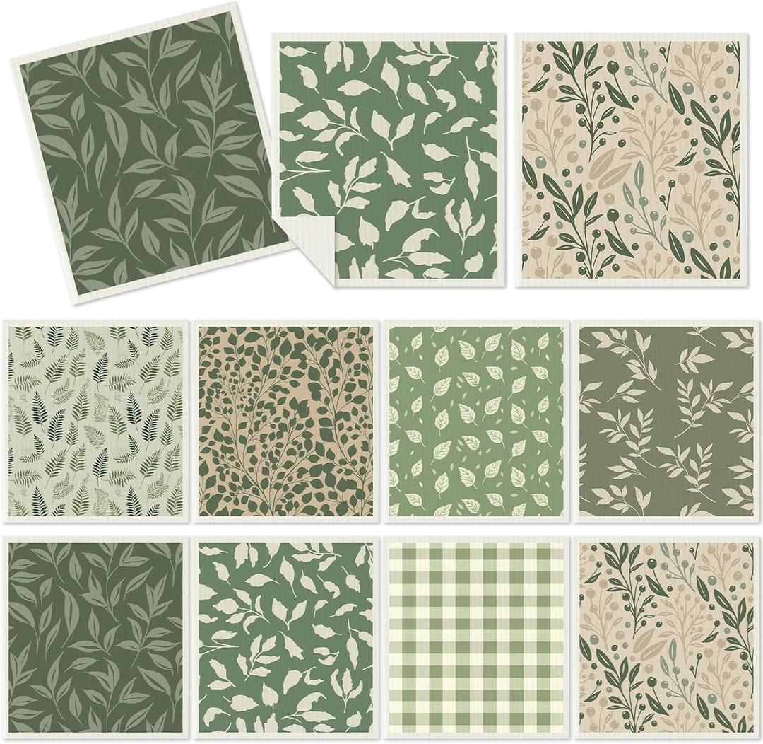 Tegeme 8 Pcs Sage Green Swedish Dishcloth Kitchen Spring Greenery Flowers Swedish Dish Towel Absorbent Cotton Reusable Kitchen Towels for Home Party Housewarming Cleaning Counter Wipes, 6.8 x 7.7''