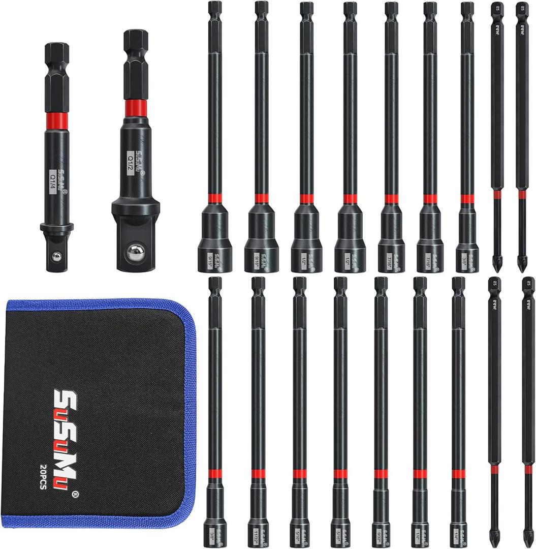 20PCS Impact Rated Magnetic Long Nut Driver Set with Impact Socket Adapter Set and 6" Long Phillips Screwdriver Drill Bits, 1/4" Quick Change Hex Shank for Cordless Impact Wrench Drive Nuts Or Bolts