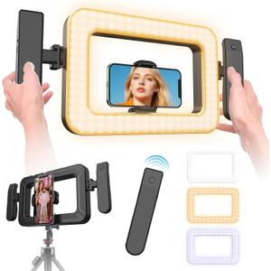 Handheld Smartphone LED Ring Light Video Rig with 20m Bluetooth Remote Handle, Ergonomic Stabilizer, 2900K-7000K Adjustable, Fast-Charge, 1/4 Mount for Selfies, Makeup, Live Streaming, Vlogging