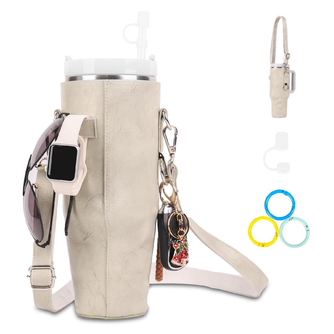 yosolamo PU Leather Water Bottle Carrier Bag for Stanley 40 oz Tumbler with Handle, Water Bottle Holder Pouch with Adjustable Strap & Straw Cover & Colored Hooks for Stanley Cup Accessories