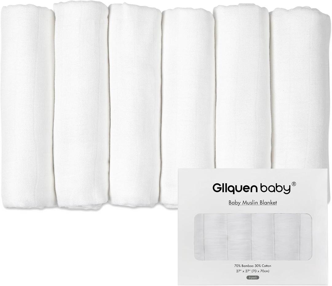 GLLQUEN BABY Receiving Blanket Boy Cotton Muslin Swaddle Blankets Girl Newborn Squares Breathable & Soft Thin Baby Blankets Cloths Double Absorbent Infant Swaddling Wrap - 6 Pack (White)