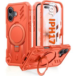 FNTCASE for iPhone 17 Phone Case: Magnetic Stand Case with Built-in Screen Protector Compatible with Magsafe | Ring Kickstand Military Grade Protective Cell Phone Cover | Heavy Duty Cases (Orange)