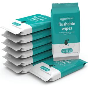 Amazon Basics Flushable Adult Toilet Wipes, Fragrance Free, 42 Count (Pack of 8) (Total 336 wipes) (Previously Solimo) EXP 12/16/2027