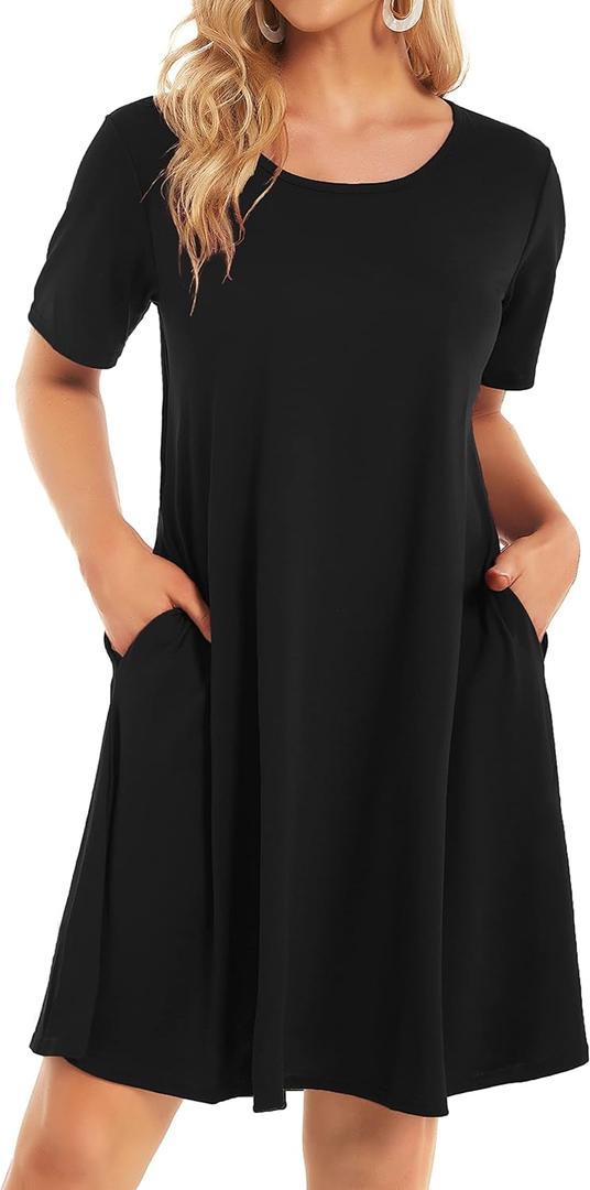 Womens Summer Dresses Beach Casual Loose Tshirt Floral Short Sleeve Flowy Pockets Sundresses 2026 (Large, 01 Black)