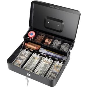 Cash Box with Money Tray and Key Lock, Saving Lock Box with Money Tray Storage for Cash Register 11.8"x9.45"x3.54"Large (Black key lock)