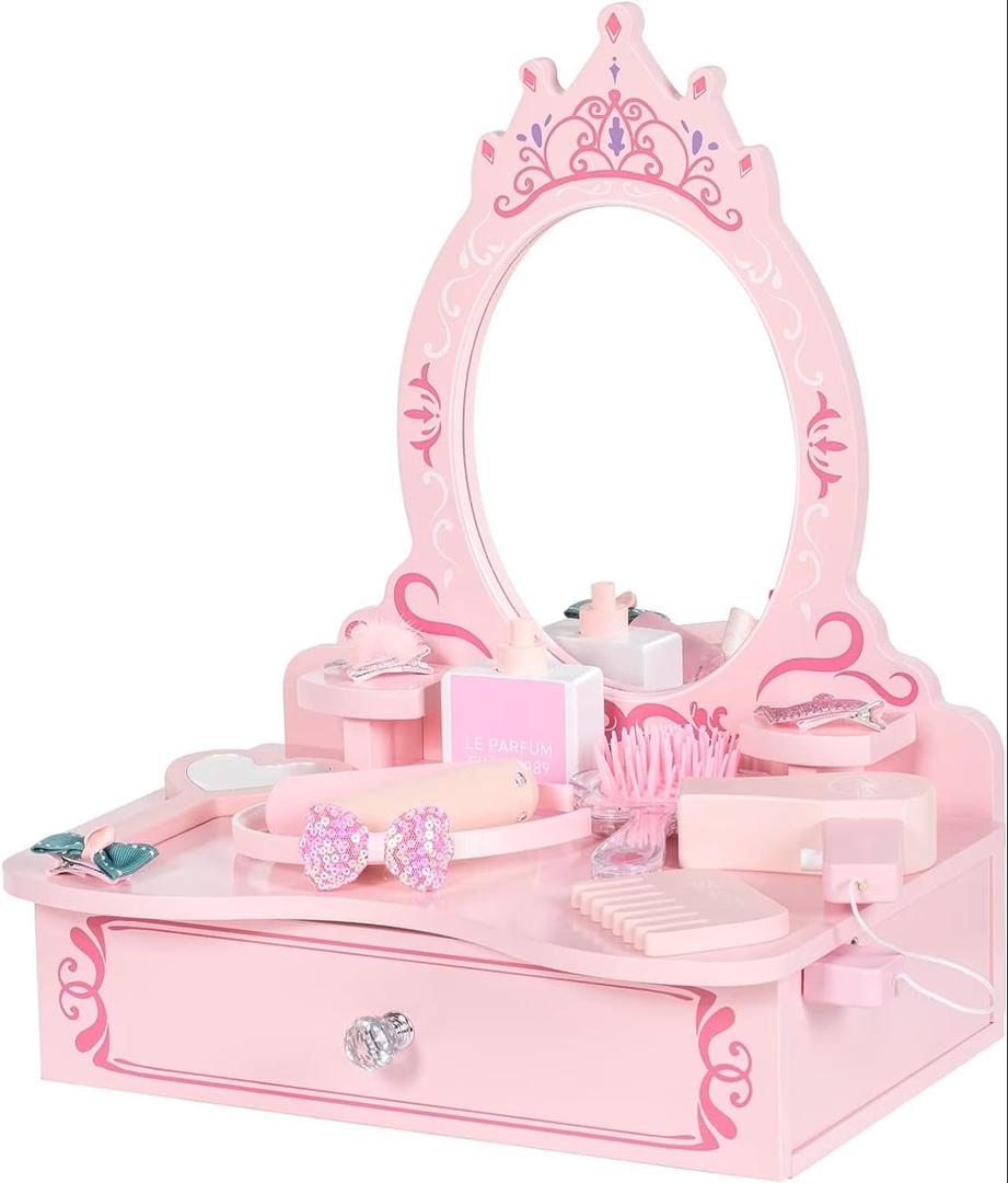 BRINJOY Wooden Vanity Set for Kids, Toddler Tabletop Beauty Salon Play Set w/ Accessories & Drawer, Princess Makeup Pretend Play Vanity Table Toy with Crown Shaped Mirror for Little Girls Age 3-8