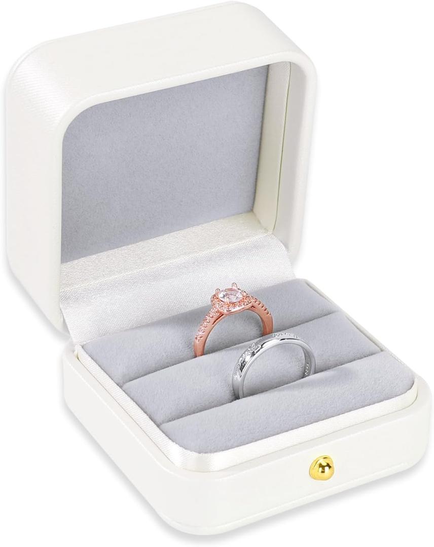 Ring Box Wedding Engagement Box White, Square Leather Velvet Jewelry Ring Bearer Box, Premium Gorgeous Vintage Double Slots Ring Box for Proposal, Ceremony, Anniversary, Gift