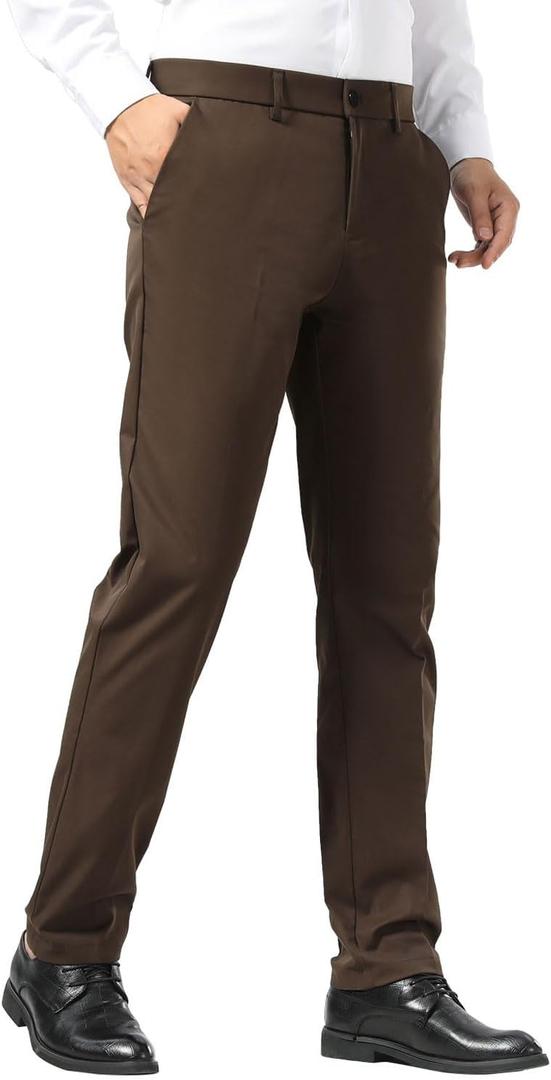 Plaid&Plain Men's Dress Pants Slim Fit Stretch Khaki Pants Wrinkle Free 8802 Brown 38x34