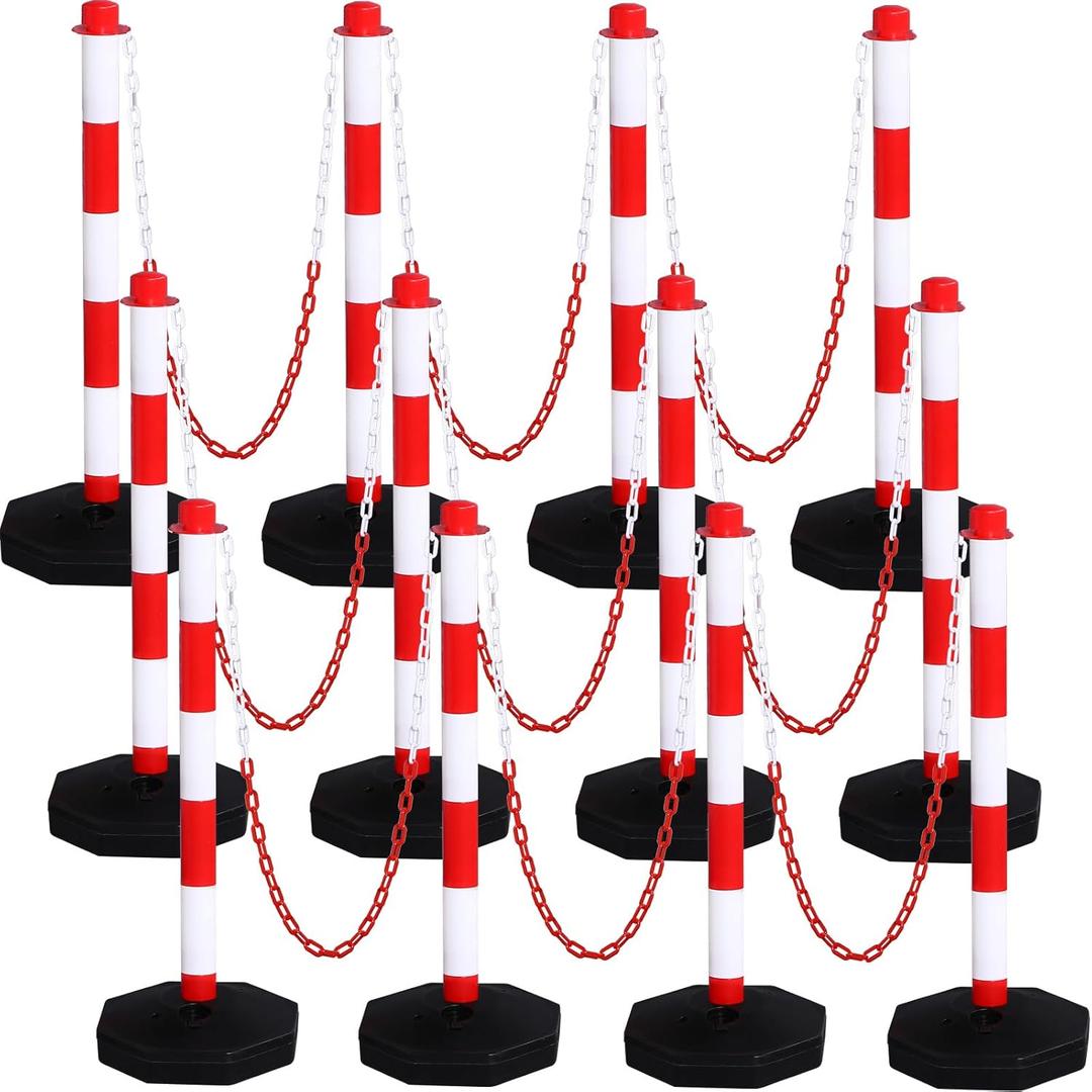 12 Pack Traffic Delineator Post Cones Include Fillable Base Expandable Traffic Safety Barrier 5 Feet Plastic Chain, Industrial Safety Cones Construction Cones for Parking Lot (Red and White)