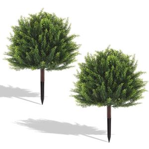 24" Artificial Plants Topiary Cedar Tree Outdoor, Set of 2 Faux Plants Outdoor UV Resistant Fake Shrubs for Front Porch Garden Decor with Ground Spike