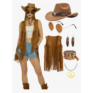 6 PC Cowgirl Western Outfits for Women Retro Cowgirl Costumes Fringe Vest Cow Girl Hat for Women Country 70s Hippie Outits XL
