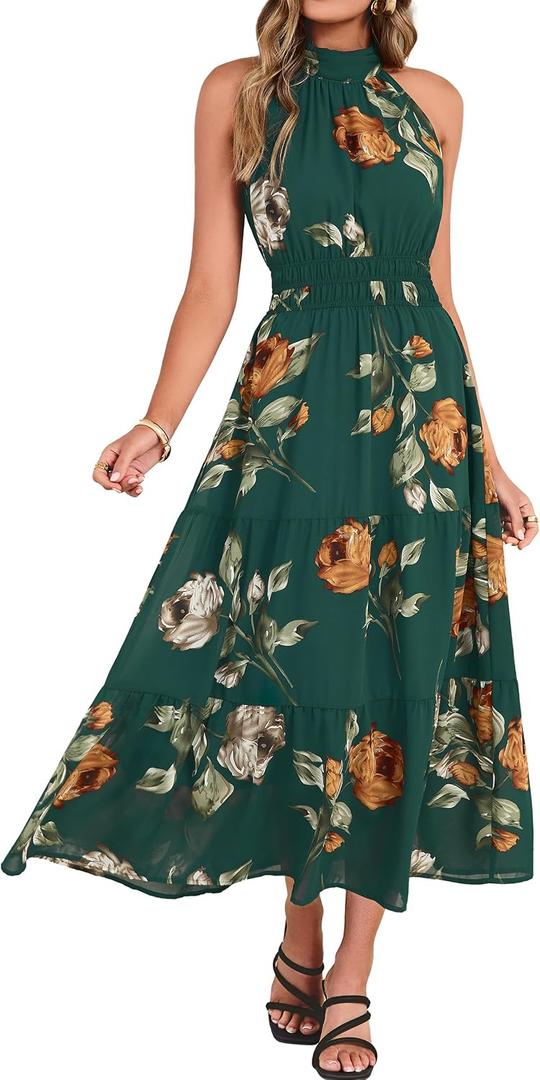 Simplee Womens Summer Halter Wedding Guest Dress Maxi Floral Vacation Boho Sundresses Flowy Formal Long Travel Dresses 2026 (X-Large, Green)