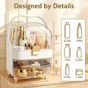 Makeup Organizer with 360 Rotating Brush Holder, Large Skincare Organizer for Vanity, Dustproof Cosmetic Display Case with 2 Drawers for Bathroom Countertop, 16" Tall Portable Beauty Storage,Gold