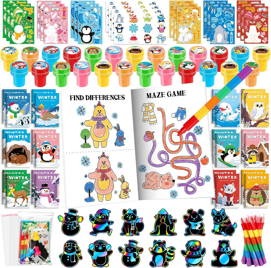 BenLouis Winter Party Favors Set Holiday Themed Coloring Book Classroom Gift Prizes Bulk for Students Kids Christmas Frozen Birthday Goodie Bag Stuffers Pinata Filler (12Set Animals)