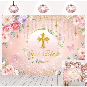 God Bless Pink Floral Backdrop Rose Gold Glitter Cross Girls First Communion Baptism Photography Background Newborn Christening Party Decorations Banner Photo Props (7x5FT)