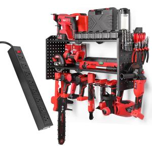32" W Power Tool Storage Organizer Wall Mount with Charging Station Built in 8 Outlet Power Strip Large 8 Drill Holder Heavy Duty Power Tool Storage Rack Tool Shelf for Garage Organization Black