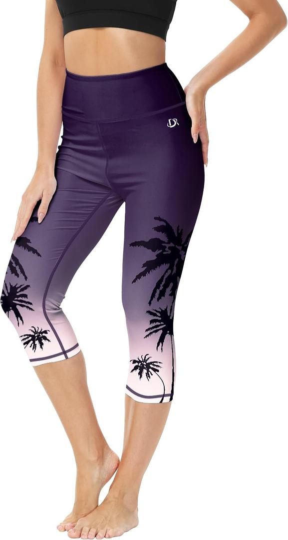 Women Water Sport Leggings Purple Gradient Print Cocos Tree UV Protection High Waisted Quick Dry Sleek Swim Short, XL