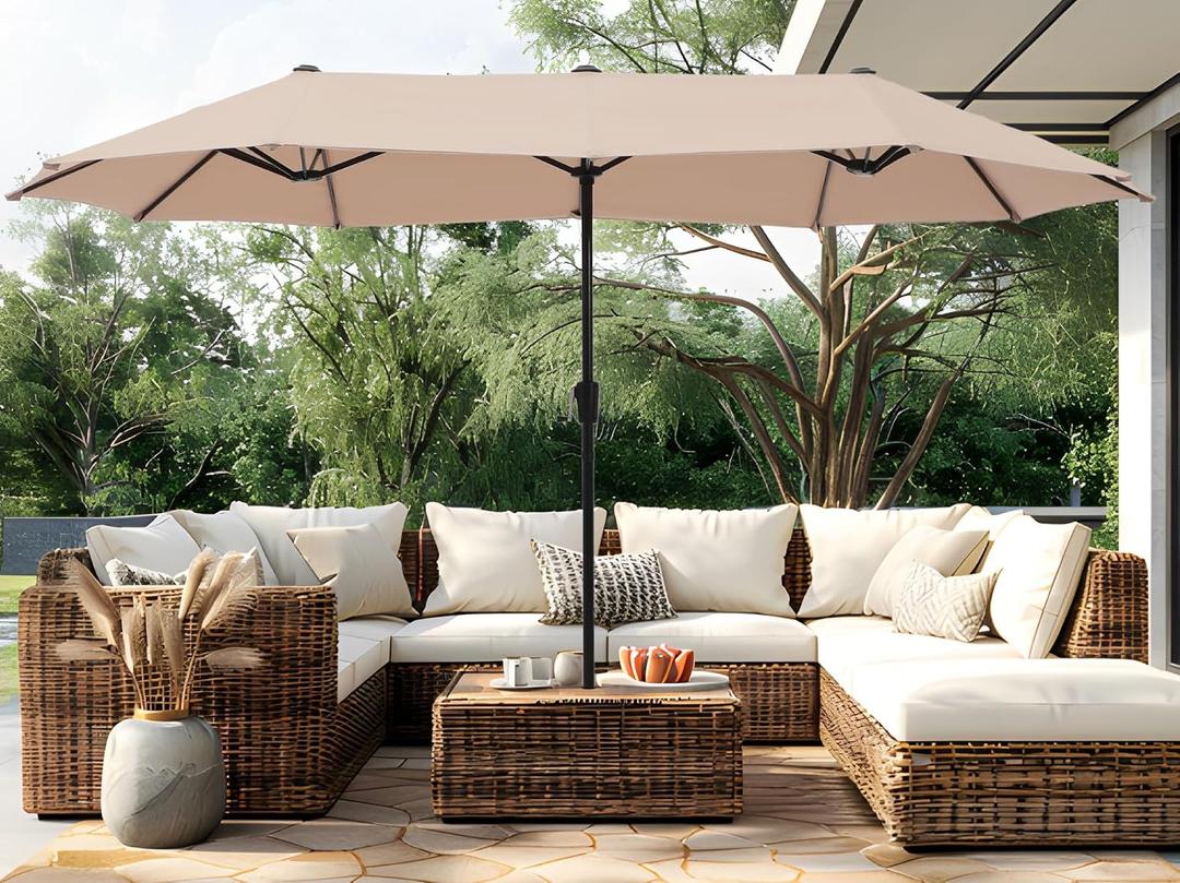 PHI VILLA 13ft Large Patio Umbrella Double-Sided Twin Outdoor Market Umbrella with Crank, Beige