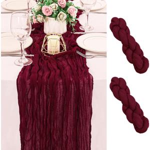 2 Pack 120 Inch Burgundy Cheesecloth Table Runner Boho Rustic Gauze Sheer Romantic 10 FT Long Cheese Cloth Table Runner for Bridal Baby Shower Wedding Party Birthday Holiday Home Easter Decor