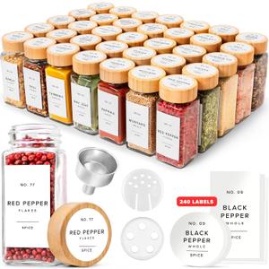 EDELHAUS® Square Spice Jars with Bamboo Wooden Lid (Pack of 36) Spice Jars with Shaker Insert and 240 Labels - Bamboo Lid Glass Container for Spice Organisation [4.3 in × 1.8 in]