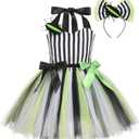 Little Girls Halloween Costume Striped Tulle Dress Headband Set Toddler Cosplay Birthday Outfit Fairy Fancy Dress up (7-8 Years, Black Green)