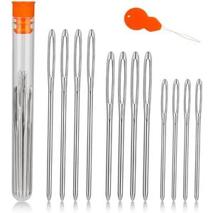 TLKKUE 12 Pcs/3 Sizes Large-Eye Blunt Needles, Steel Yarn Needle with Needle Threader, Tapestry Needle for Sewing Crochet Knitting Embroidery (Silver 2.08in/2.36in/2.76in)