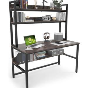 Aquzee Desk with Hutch Bookshelves, Computer Desk with 3 Tiers Storage Shelves, Space Saving Design Black Metal Legs Desk with Grey Board, Easy Assemble (47inch)