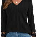PRETTYGARDEN Women's Long Sleeve Shirts Ribbed Knit V Neck Tee Dressy Casual Blouses Going Out Tunic Tops 2026 Fall Outfits (Black, L)