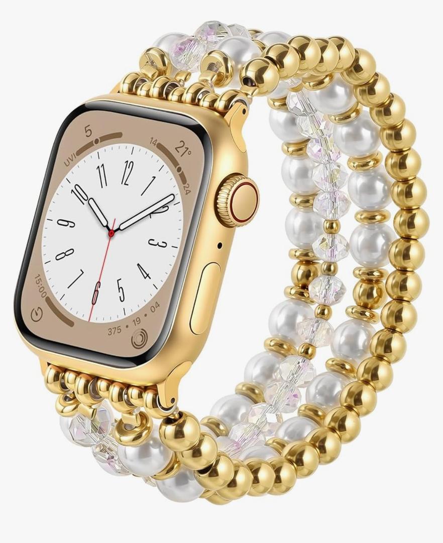 AIRSPO Gold Beaded Bracelets Compatible for Apple Watch Band 38mm 40mm 41mm 42mm 44mm 45mm 46mm Women, Fashion Handmade Dressy iPhone Watch Bands Stainless Steel Beads Elastic Strap for iWatch Series 11 10 9 SE 8 7 6 5 4 3 2 1
