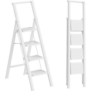 4 Step Ladder Folding Step Stool Stepladders with Anti-Slip and Wide Pedal for Home and Kitchen Use Space Saving (White)