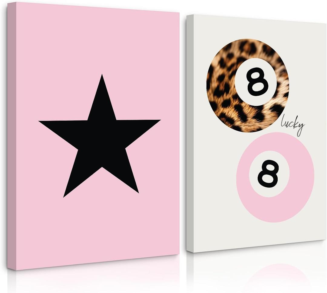 Coquette Aesthetic Wall Art Preppy Pink Canvas Wall Decor Trendy 8 Ball Leopard Poster Y2k Lucky Girl Wall Art Prints Girly Room Wall Art Retro Star Picture for Dorm Bedroom 16x24x2 Inch Ready to Hang