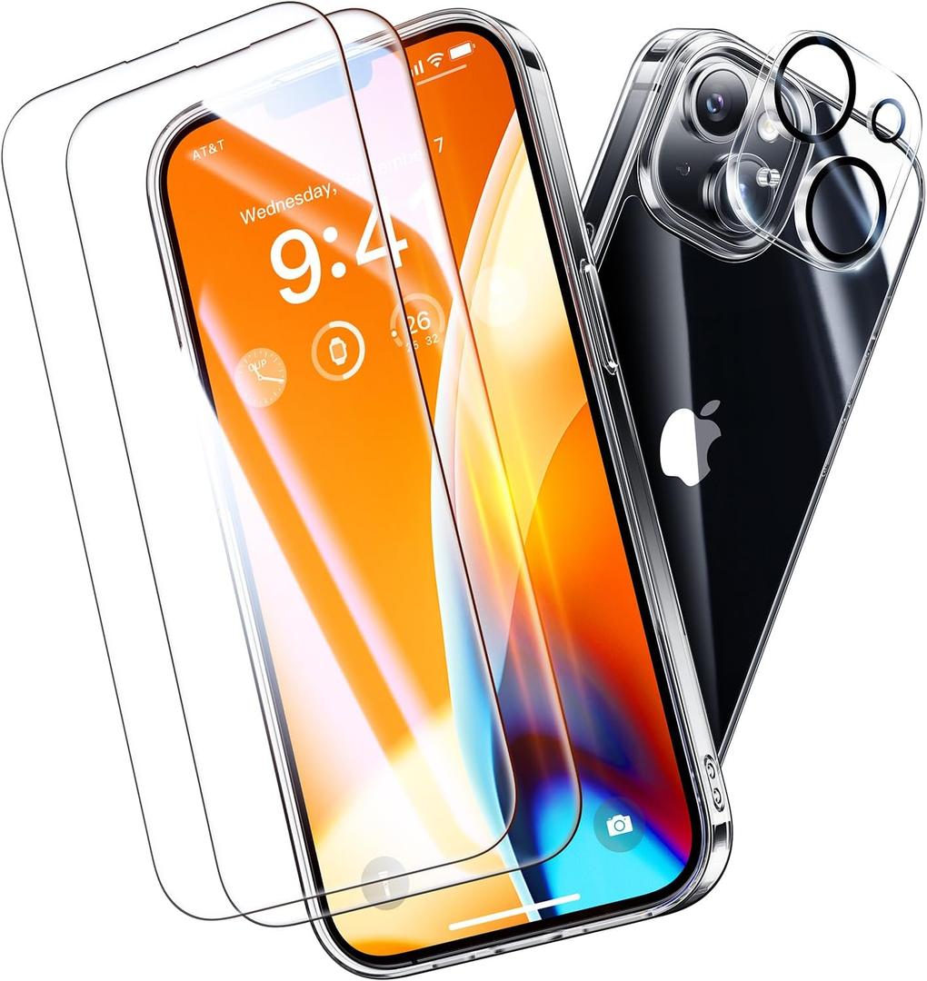 5 x Diamond Clear for iPhone 14 Case with 2X Screen Protector + 2X Camera Lens Protector, [Not Yellowing][Military-Grade Protection] Slim Thin Shockproof Phone Case for iPhone 14, Clear