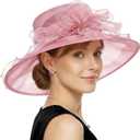 AQOKKA Women Organza Church Fascinators Kentucky Derby Hats for Women and Girls Wedding Flower Tea Party Hat with Wide Brim (Pink)