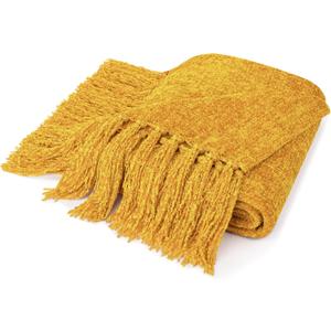 Pavilia Mustard Yellow Chenille Blanket for Twin Size Bed, Soft Gold Knit with Tassel Fringe, Woven Chenille Decorative Blanket for Sofa Couch Living Room Decor Gift, Twin 60x80