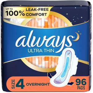 Always Ultra Thin Overnight Pads with Wings, Size 4, Overnight, 96 Count (Overnight (Size 4))