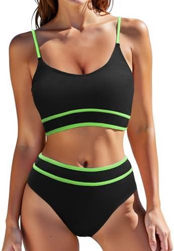Zando High Waisted Swim Suits for Women 2025 Ribbed Swimsuit 2 Piece Color Block Sporty Bikini Sets Modest Bathing Suit M