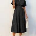 Wenrine Womens Summer Short Sleeve Maxi Dresses Casual V Neck Smocked Loose Tiered Flowy Shirt Dress with Pockets (Black, XL)