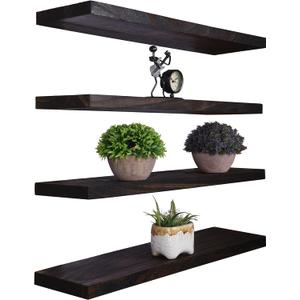 Wood Floating Shelves for Wall Decor, Rustic Wall Shelves for Bedroom Bathroom Kitchen Living Room, Set of 4 Walnut, 24 Inch