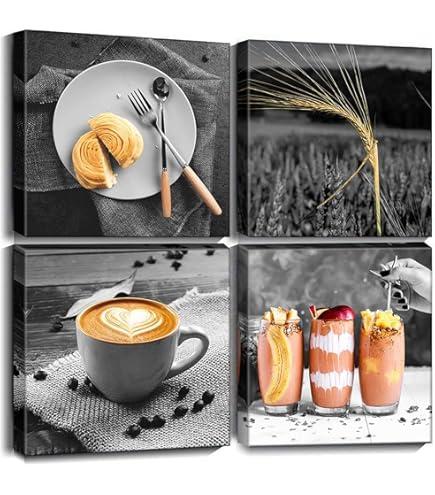 Oilpa Art Food Canvas Wall Art for Kitchen Decor Black and White Coffee Canvas Art Pictures Painting Breakfast with Drink Pints Framed Artwork Dining Room Restaurant Wall Decor 12x12 4 Pieces Set