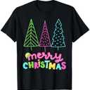 Merry Christmas Bright Tree Neon Happy Holidays T-Shirt , Size Small