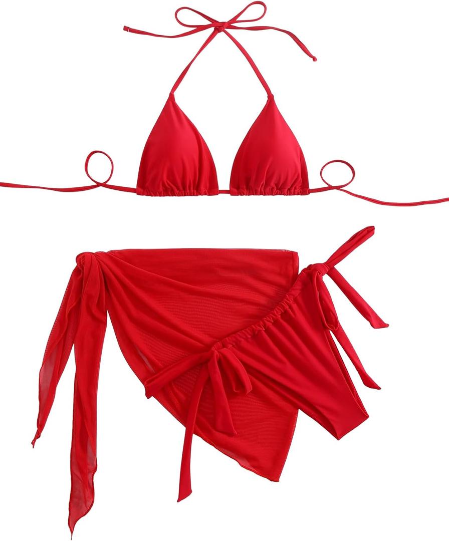 SEGT Women's 3 Piece Swimsuit Triangle Halter Side Tie Thong Bikini Set with Cover Up Skirt (Red) S