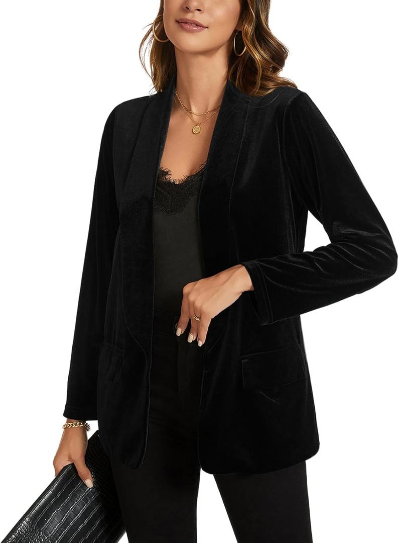 MINTLIMIT Women Velvet Blazer Jackets Long Sleeve Business Suit Lapel Open Front Casual Blazers with Pockets (Black, L)