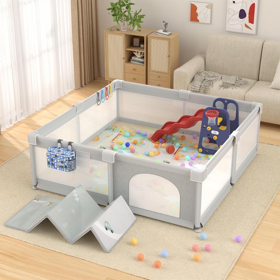 LUTIKIANG 79" x 71" Baby Playpen with Upgrade Mat, Portable Play Yard for Babies and Toddlers, Extra Large Baby Gate Playpen, Play Pin, Fence Area, Includes Ocean Balls, Pulling Rings (Grey)