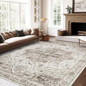 6x9 Rug, Stain Resistant Washable Area Rugs with Anti-Slip Backing, Vintage Rug, Large Bedroom, Living Room Rugs, Foldable Soft Rug (White/Brown, 6'x9')