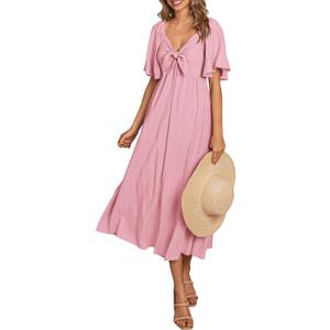 PRETTYGARDEN Summer Dress for Women 2026 Casual Short Sleeve Bow Tie V Neck Ruffle Midi Flowy Dresses (Pink, M)