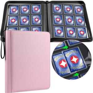 GEAoffice 9 Pockets Top Loader Binder Holds 324 Cards, Premium PU Leather Trading Card Binder for Toploader, Side Loading Zipper Card Binder Top Loader for 3"4" Rigid, MTG, TCG, Waterproof, Pink