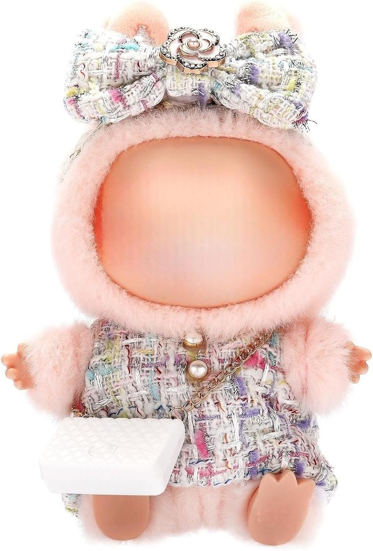 Doll Clothes for Labubu 17cm Have a Seat & Exciting Macaron & Big into Energy Series Dolls, Luxury Chic Series for 17cm Dolls Accessories (White Dress+Hairband+Bag)
