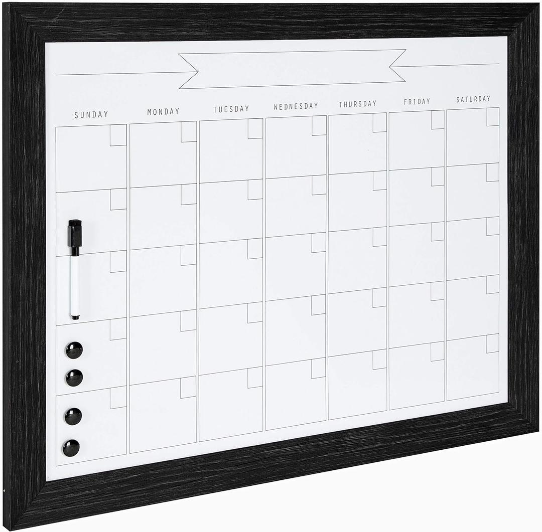 DesignOvation Beatrice Framed Magnetic Dry Erase Monthly Calendar, 23" x 29", Black, Rustic Wall Organizer