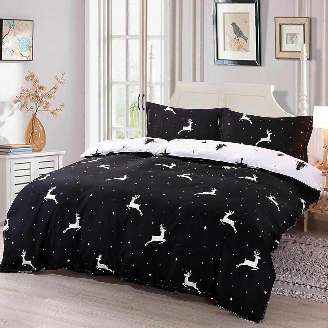 Mengersi Christmas Duvet Cover Set, Christmas Holiday Decorative Deer Tree Comforter Cover Set with Zipper (Full, White Deer)